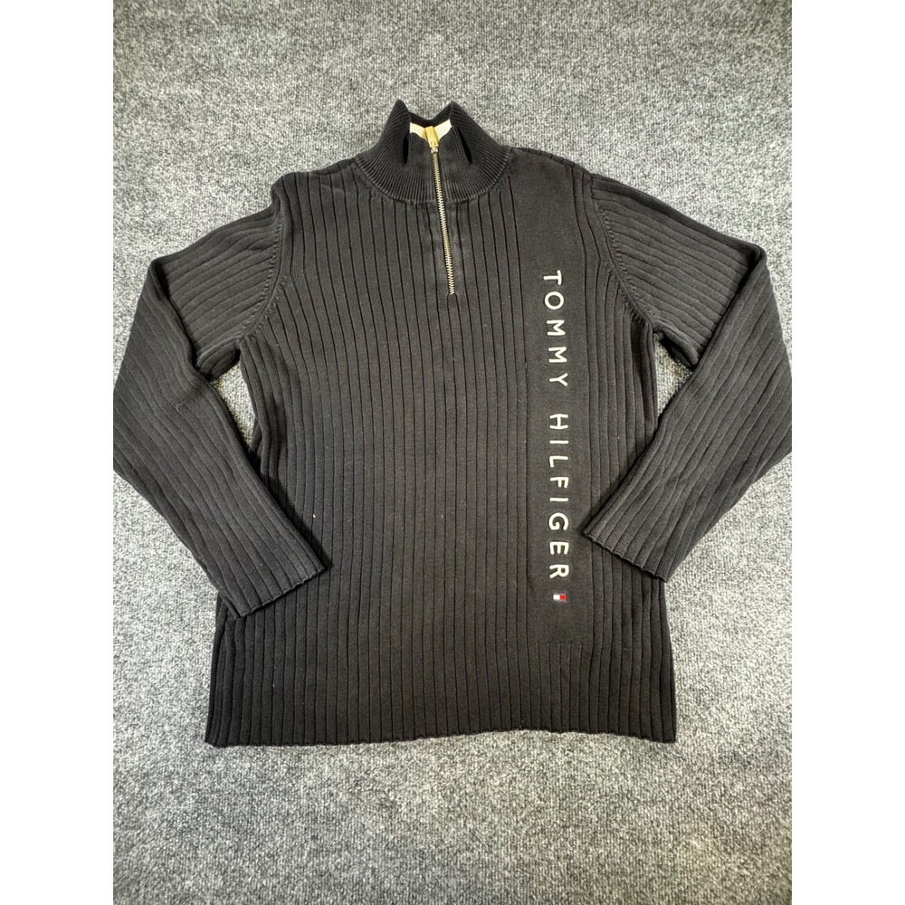 Tommy Hilfiger Woman Black Ribbed Quarter Zip Sweater Logo 1X Plus Size
